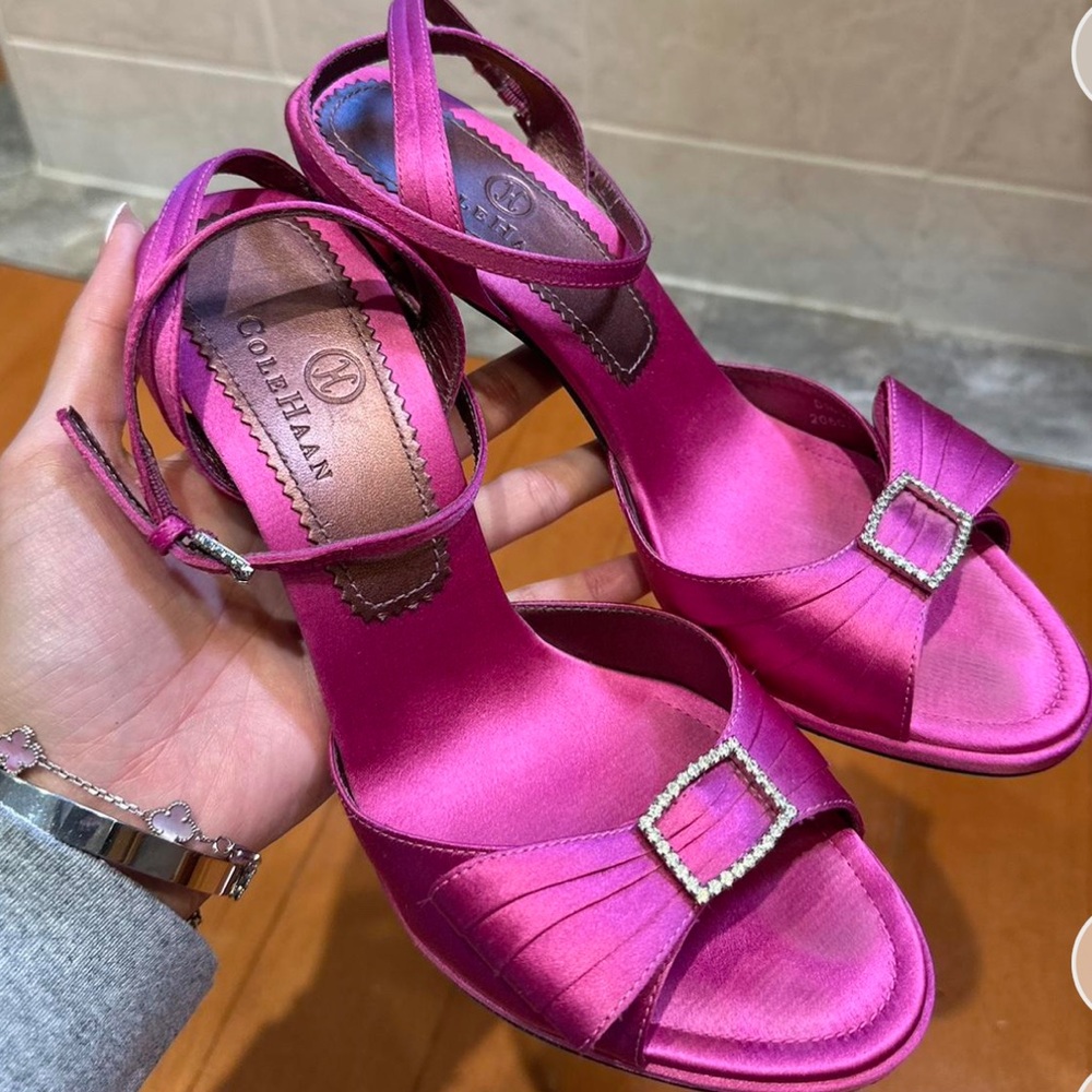 Hot pink satin heels with silver brooch detailing